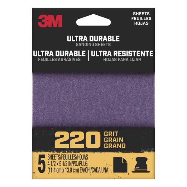 3M Ultra Durable Power Sanding 1/4 Sheet, 220 grit, 5 pk, 20PK - 1/4SHT5PK220