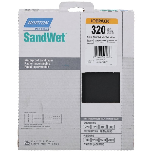 Norton Co 0 Sanding Sheet, 9 in L, 11 in W, 320A Grit, Extra Fine, Aluminum Oxide Abrasive - 1225