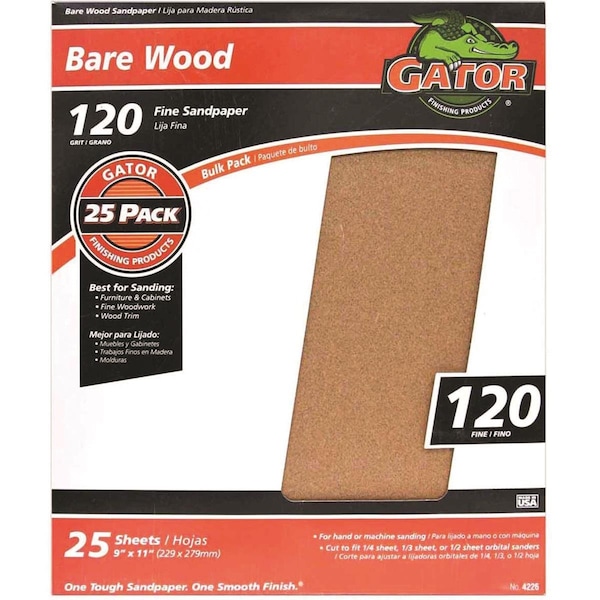 Gator Finishing 9 x 11 in 120 Grit Bare Wood Sandpaper Garnet - 3275