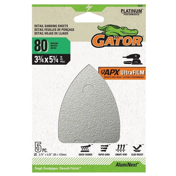 Gator Mouse Sander Abrasive Sheet, 5-1/4 in L, 3-3/4 in W, Medium, 80 Grit, Aluminum Oxide Abrasive - 5171
