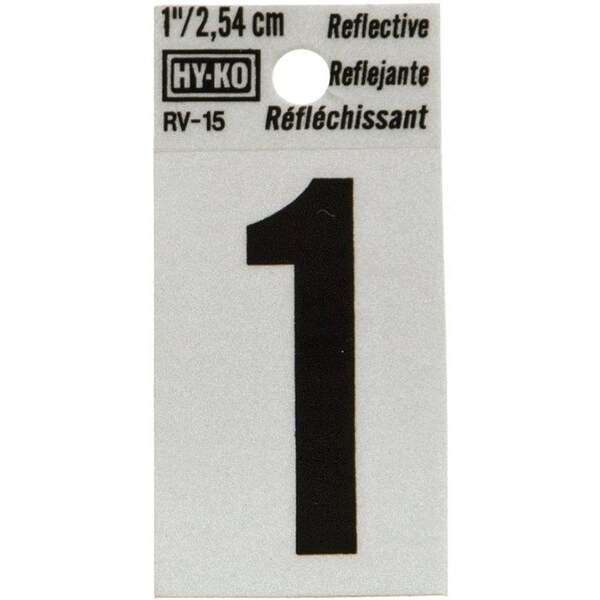 Hy-Ko Reflective Sign, Character: 1, 1 in H Character, Black Character, Silver Background, Vinyl - RV-15/1