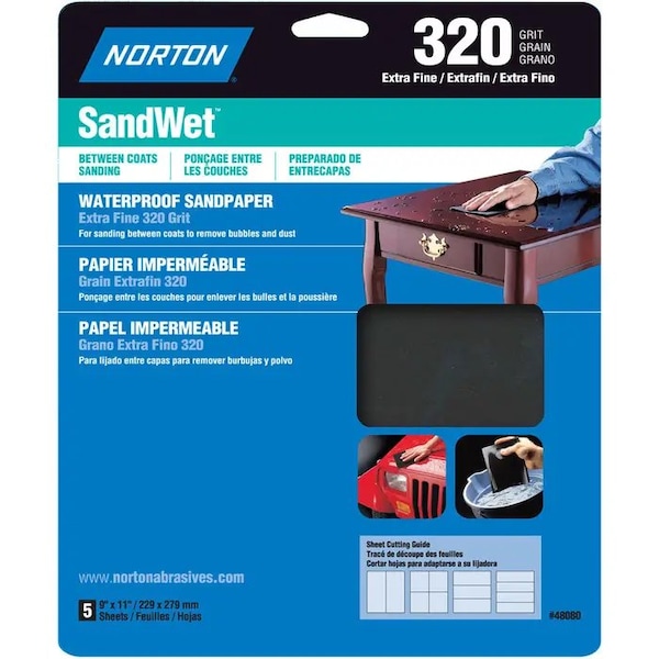 Norton Co 9" x 11" SandWet Wet or Dry Sanding Sheets 320-Grit, PK 5 - 48080