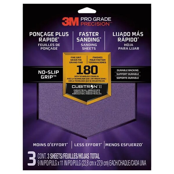 3M 9" x 11" Pro Grade Precision No-Slip Grip Sanding Sheet 180-Grit 3-Pk - 26180 TRI-3