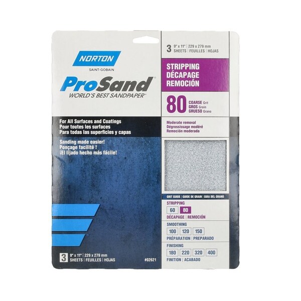 Norton Co ProSand 07660768163 Sanding Sheet, 11 in L, 9 in W, Coarse, 80 Grit, Aluminum Oxide Abrasive - 2621