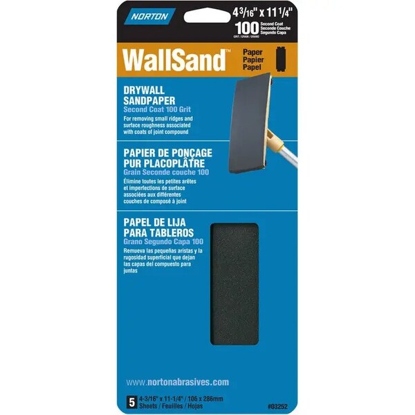 Norton Co 4-3/16" x 11" WallSand Die-Cut Drywall Sanding Sheets 100D-Grit, PK 5 - 01888