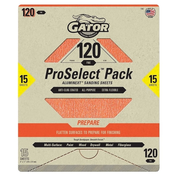 Gator Sanding Sheet, 11 in L, 9 in W, Fine, 120 Grit, Aluminum Oxide Abrasive - 7282
