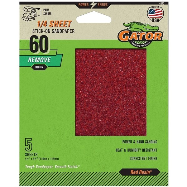 Gator Sanding Sheet, 4-1/2 in L, 4-1/2 in W, Coarse, 60 Grit, Aluminum Oxide Abrasive - 4075