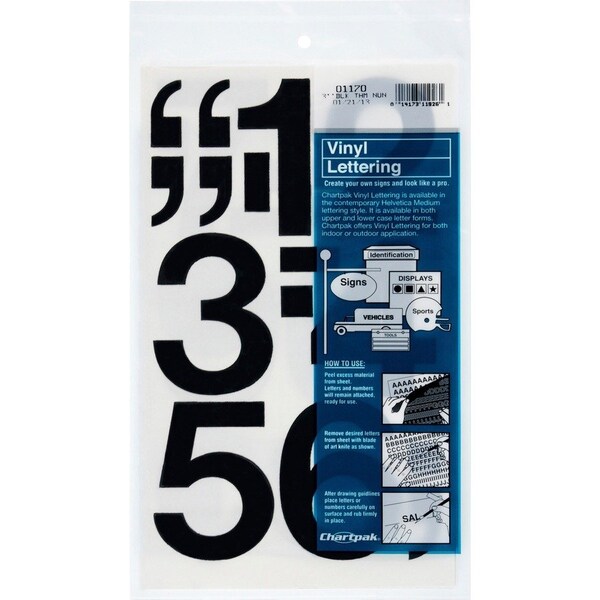Chartpak Numbers, Vinyl, Perm Adhesive, 3", 16/PK, Black 16PK - CHA01170