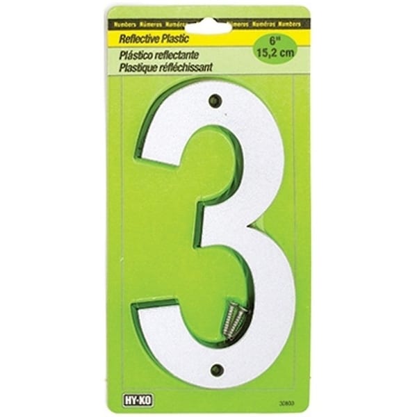 Hy-Ko 30800 Series Reflective Sign, Character 3, 6 in H Character, BlackSilver Character, Plastic - 30803