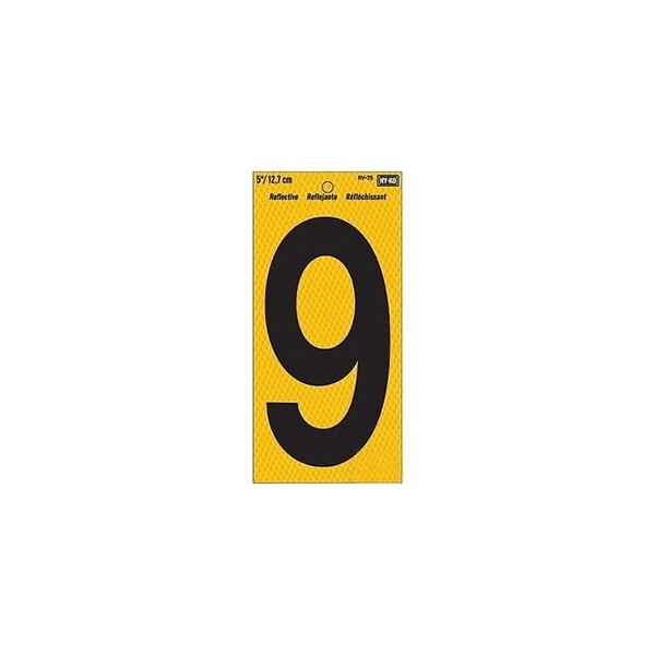 Hy-Ko Reflective Sign, Character: 9, 5 in H Character, Black Character, Yellow Background, Vinyl - RV-75/9