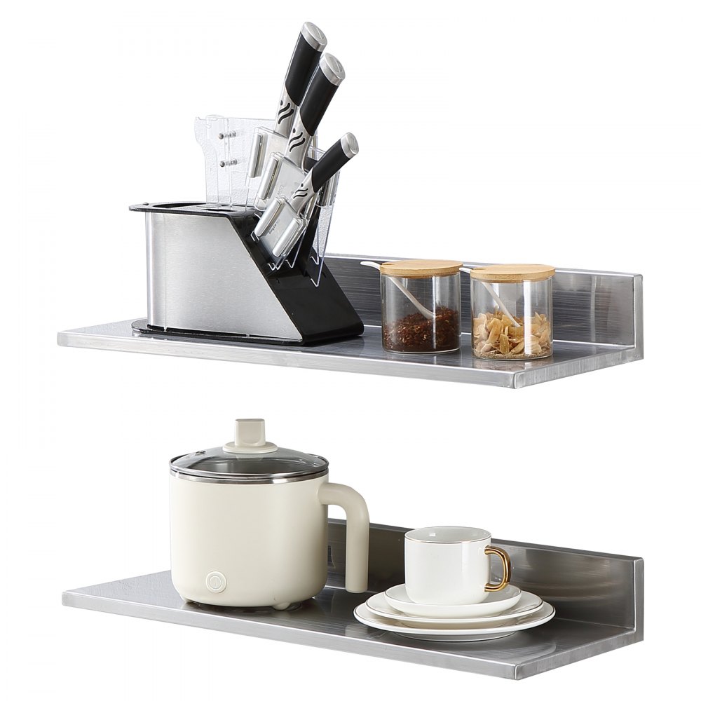 VEVOR 8.6" x 24" Stainless Steel Shelf, Wall Mounted Floating Shelving with Backsplash, 44 lbs Load Capacity Commercial Shelves, Heavy Duty Storage Rack for Restaurant, Kitchen, Bar, Home, and Hotel (2 Packs) - BGSCTTLL86242HBE0V0