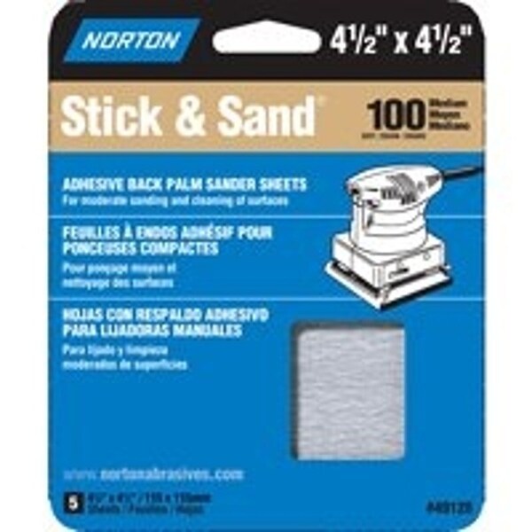 Norton Co MultiSand 0 Sanding Sheet, 412 in L, 412 in W, Medium, 100 Grit, Adhesive Backing - 5452