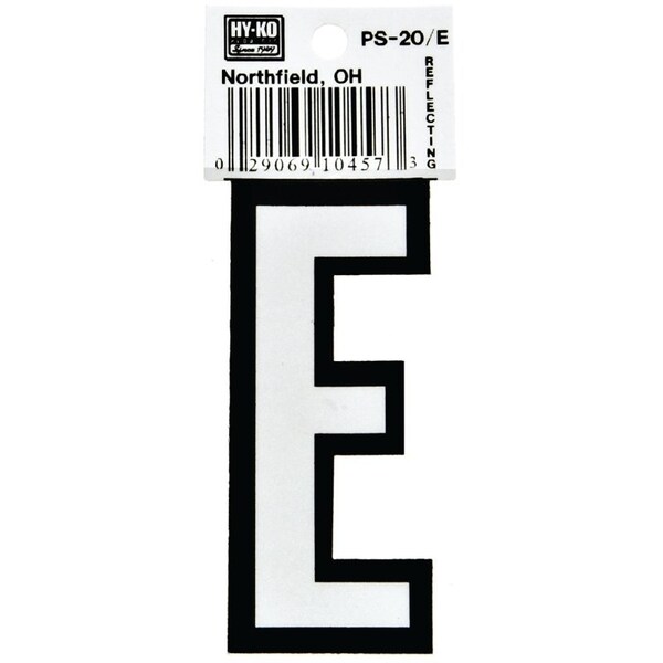 Hy-Ko Reflective Letter, Character: E, 3-1/4 in H Character, Black/White Character, Vinyl - PS-20/E