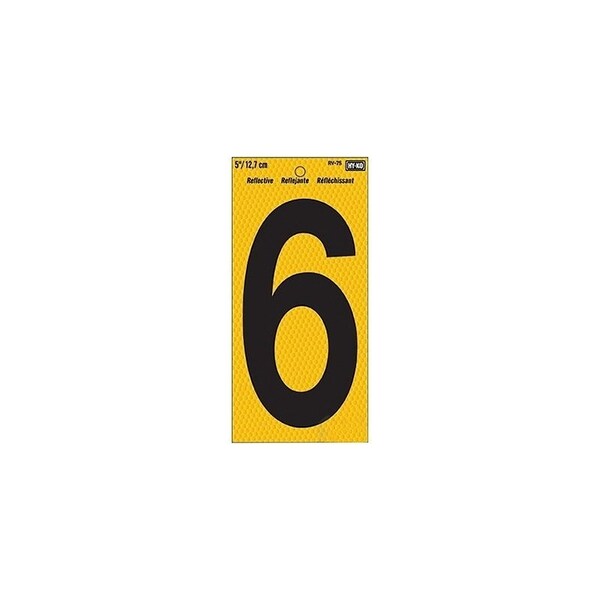 Hy-Ko Reflective Sign, Character: 6, 5 in H Character, Black Character, Yellow Background, Vinyl - RV-75/6