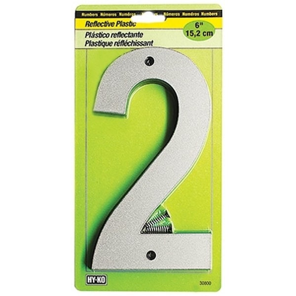 Hy-Ko 30800 Series Reflective Sign, Character 2, 6 in H Character, BlackSilver Character, Plastic - 30802