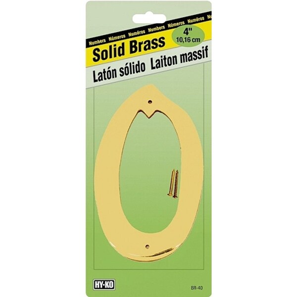 Hy-Ko House Number, Character: 0, 4 in H Character, 2-1/2 in W Character, Brass Character, Solid Brass - BR-40/0