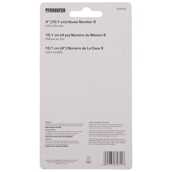 Prosource House Number, Character: 9, 4 in H Character, 2.28 in W Character - N-019-PS