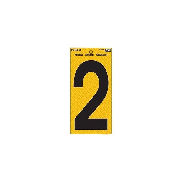 Hy-Ko Reflective Sign, Character: 2, 5 in H Character, Black Character, Yellow Background, Vinyl - RV-75/2