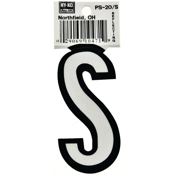 Hy-Ko Reflective Letter, Character: S, 3-1/4 in H Character, Black/White Character, Vinyl - PS-20/S