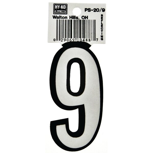 Hy-Ko Reflective Sign, Character: 9, 3-1/4 in H Character, Black/White Character, Vinyl - PS-20/9