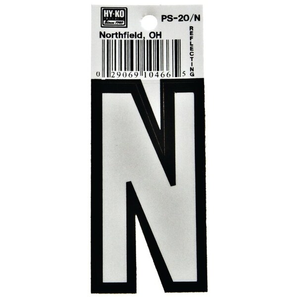 Hy-Ko Reflective Letter, Character: N, 3-1/4 in H Character, Black/White Character, Vinyl - PS-20/N