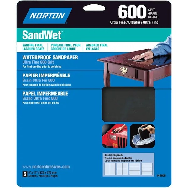 Norton Co 9" x 11" SandWet Wet or Dry Sanding Sheets 600-Grit, PK 5 - 48058