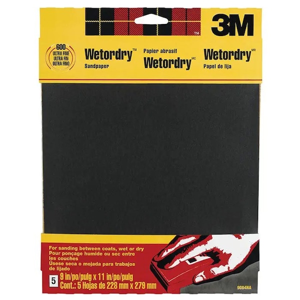 3M 9" x 11" Wetordry Sandpaper, 600-Grit Ultra Fine, PK 5 - 9084