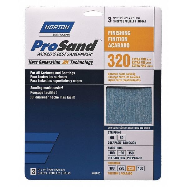 Norton Abrasives Sandpaper Sheet, Very Fine, 320 Grit, PK3 - 07660768157