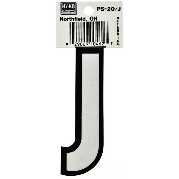 Hy-Ko Reflective Letter, Character: J, 3-1/4 in H Character, Black/White Character, Vinyl - PS-20/J