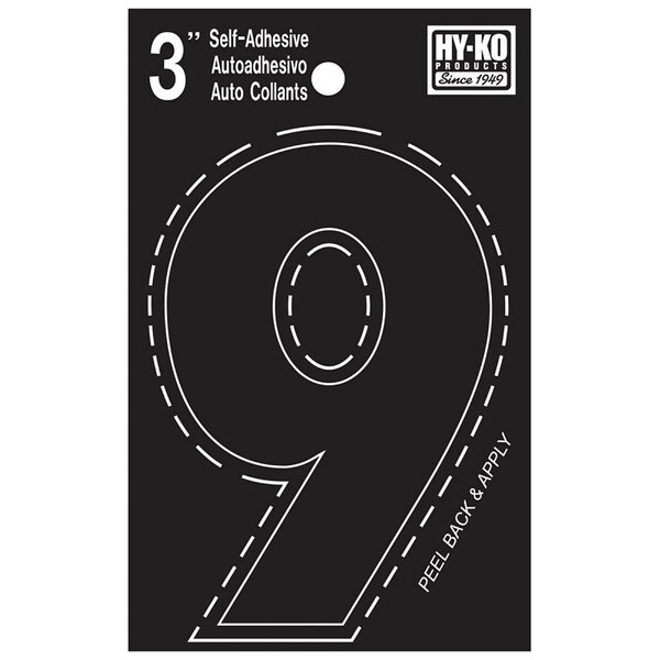 Hy-Ko 30400 Series Die-Cut Number, Character: 9, 3 in H Character, Black Character, Vinyl - 30409