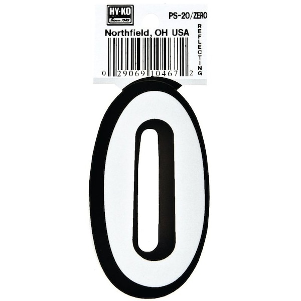 Hy-Ko Reflective Sign, Character: 0, 3-1/4 in H Character, Black/White Character, Vinyl - PS-20/0