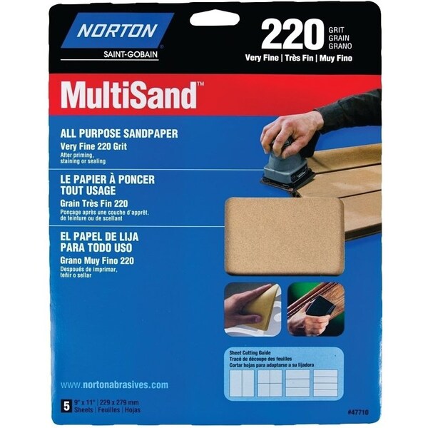 Norton Co MultiSand 076607 Sanding Sheet, 11 in L, 9 in W, Very Fine, 220 Grit, Aluminum Oxide Abrasive - 47710