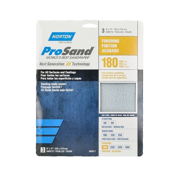 Norton Co ProSand 07660768159 Sanding Sheet, 11 in L, 9 in W, Fine, 180 Grit, Aluminum Oxide Abrasive - 2617