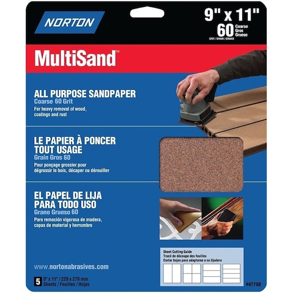 Norton Co MultiSand 076607 Sanding Sheet, 11 in L, 9 in W, Coarse, 60 Grit, Aluminum Oxide Abrasive - 47750
