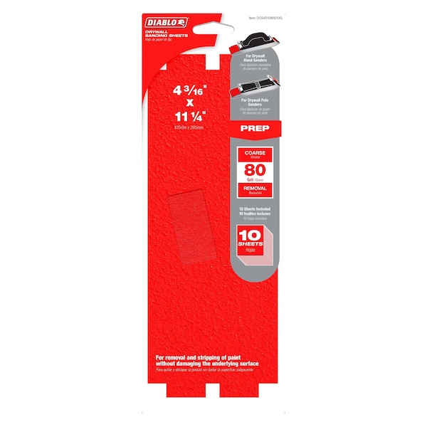 Diablo 4-3/16in. x 11-1/4in. 80-Grit Sanding Sheets for Drywall 10-Piece - DCS431080S10G