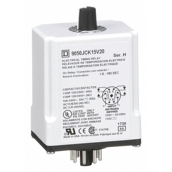 Relé de retardo de tiempo Schneider Electric, 120VCA, 10A, DPDT, 1.8 seg., Pines: 8 - 9050JCK15V20