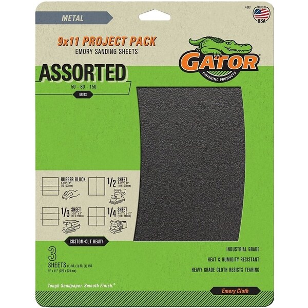 Gator Sanding Sheet, 11 in L, 9 in W, Emery Abrasive, Cloth Backing - 4447