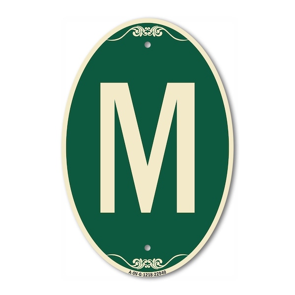 Signmission Letter M, 12 Inch X 18 Inch Architectural Oval, Heavy Gauge Aluminum - A-OV-G-1218-22940