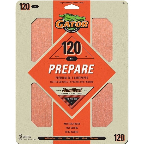 Gator Sanding Sheet, 11 in L, 9 in W, 120 Grit, Fine, Aluminum Oxide Abrasive - 7263