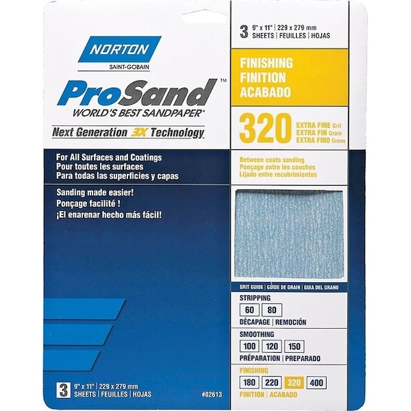 Norton Co ProSand 07660768157 Sanding Sheet, 11 in L, 9 in W, Extra Fine, 320 Grit, Aluminum Oxide Abrasive - 2613