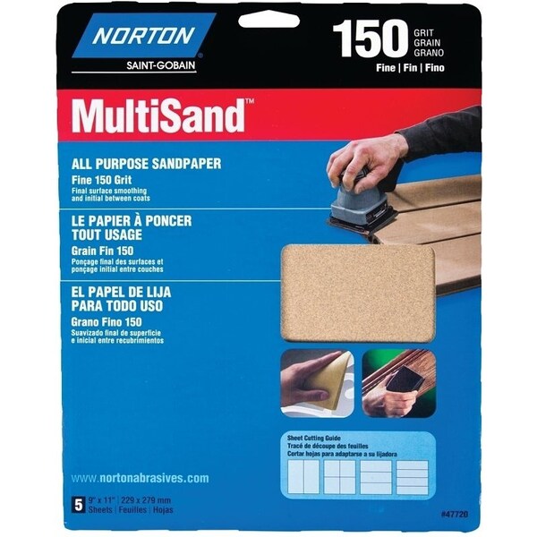 Norton Co MultiSand 076607 Sanding Sheet, 11 in L, 9 in W, Fine, 150 Grit, Aluminum Oxide Abrasive - 47720
