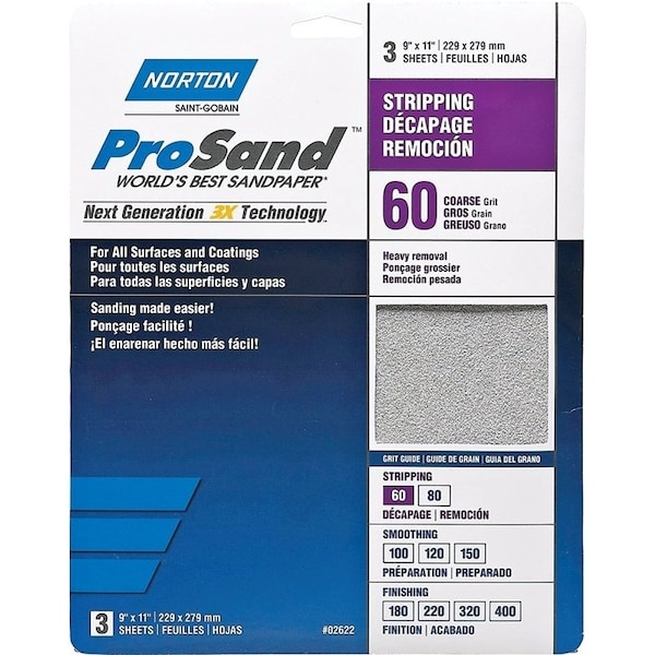 Norton Co ProSand 07660768164 Sanding Sheet, 11 in L, 9 in W, Coarse, 60 Grit, Aluminum Oxide Abrasive - 2622