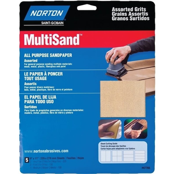 Norton Co MultiSand 076607 Sanding Sheet, 11 in L, 9 in W, Aluminum Oxide Abrasive, Paper Backing - 47765