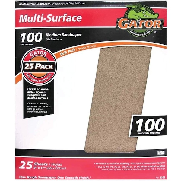 Gator 3264 Sanding Sheet, 11 in L, 9 in W, 100 Grit, Medium, Aluminum Oxide Abrasive - 4209