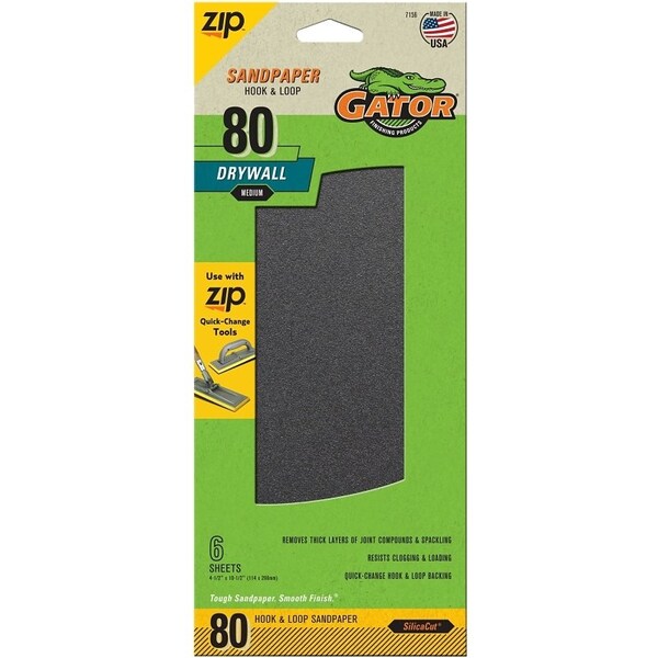 Gator Sandpaper, 10-1/2 in L, 4-1/2 in W, 80 Grit, Medium, Silicone Carbide Abrasive - 7156