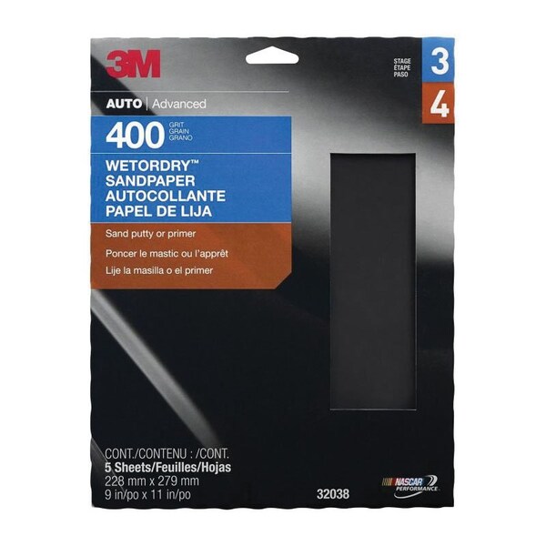 3M 3M Wetordry Sandpaper, 32038, 400 Grit, 9 inch x 11 inch, 5PK - 7010328058