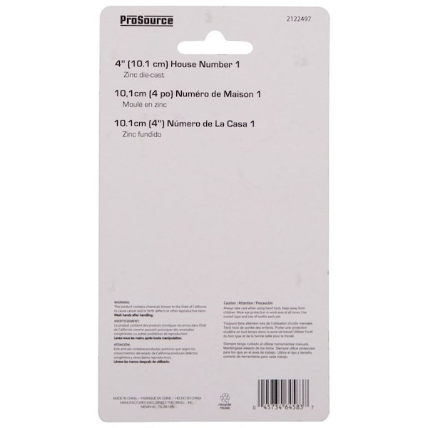 Prosource House Number, Character: 1, 4 in H Character, 1.1 in W Character - N-Z041PB3L-PS