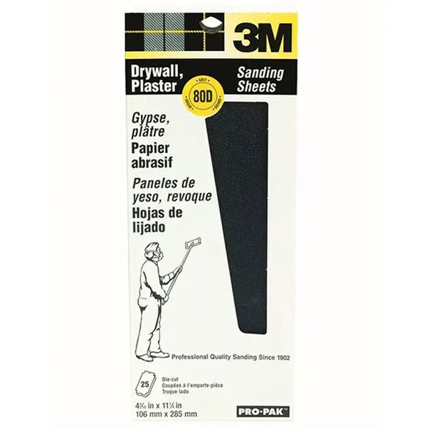 3M 4-3/16"x11-1/4" Drywall Adhesives Drywall Sanding Sheet 80D-Gr, PK 25 - 99433
