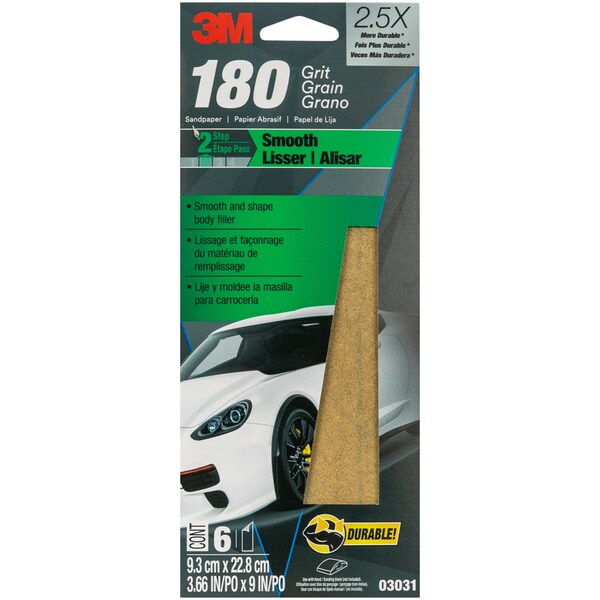 3M Sandpaper 03031, 180 Grit, 3-2/3 in x 9 in, 6/Pack, 20PK - 3031
