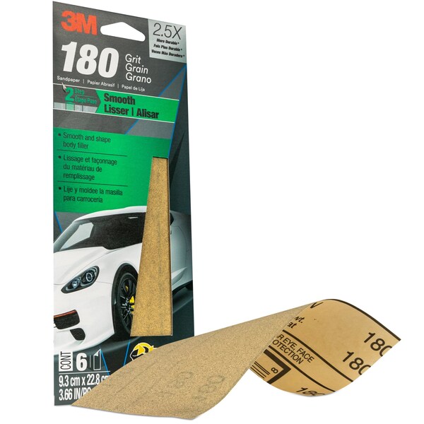 3M Sandpaper 03031, 180 Grit, 3-2/3 in x 9 in, 6/Pack, 20PK - 3031